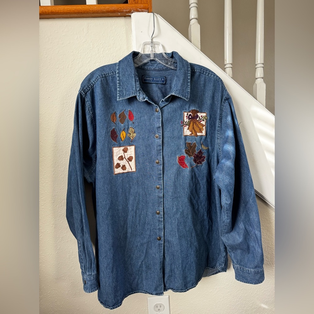 Vintage Karen Scott Fall Harvest Denim Button Down Shirt 3X - Embroidered
